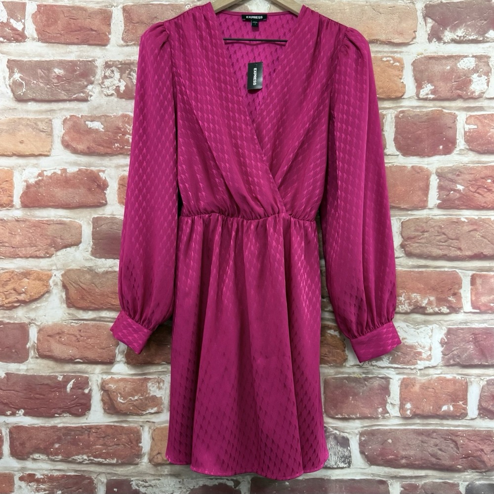 Express Dress Women's S Pink Houndstooth Abstract Satin Tie Back Surplice Wrap